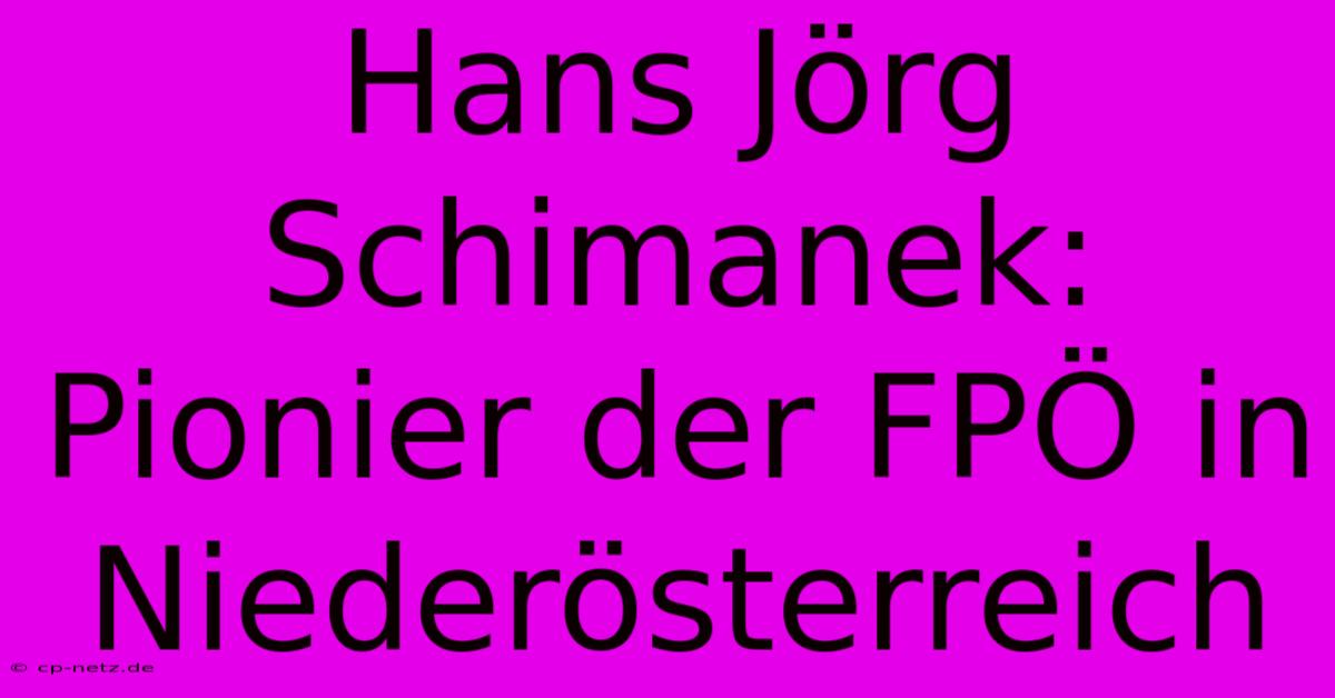 Hans Jörg Schimanek: Pionier Der FPÖ In Niederösterreich