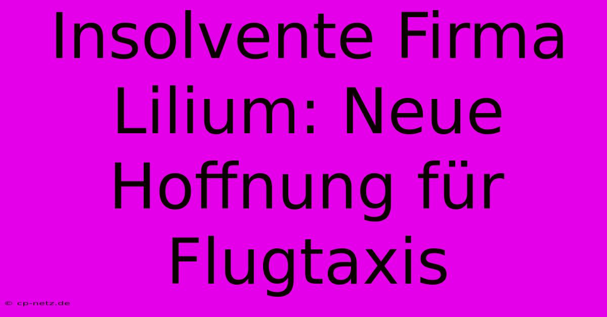 Insolvente Firma Lilium: Neue Hoffnung Für Flugtaxis