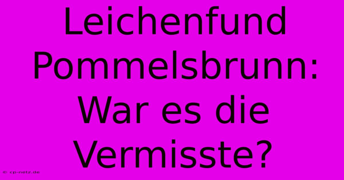 Leichenfund Pommelsbrunn: War Es Die Vermisste?