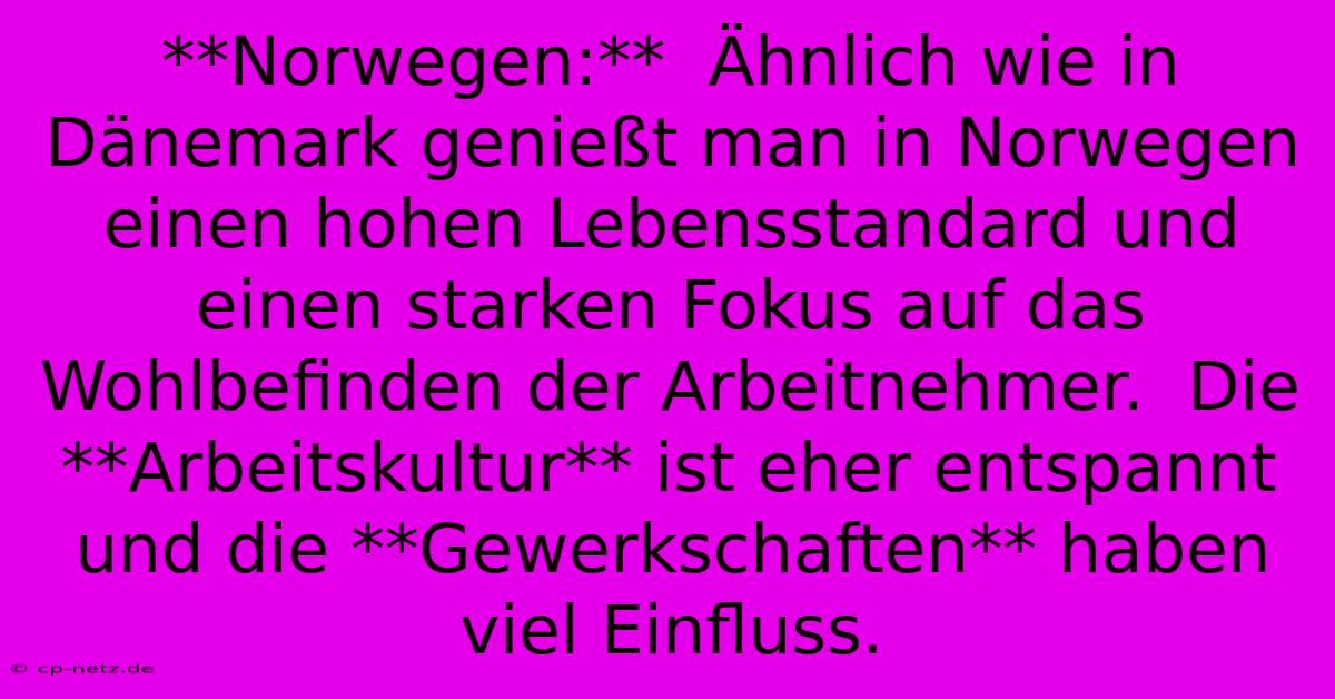 **Norwegen:**  Ähnlich Wie In Dänemark Genießt Man In Norwegen Einen Hohen Lebensstandard Und Einen Starken Fokus Auf Das Wohlbefinden Der Arbeitnehmer.  Die **Arbeitskultur** Ist Eher Entspannt Und Die **Gewerkschaften** Haben Viel Einfluss.