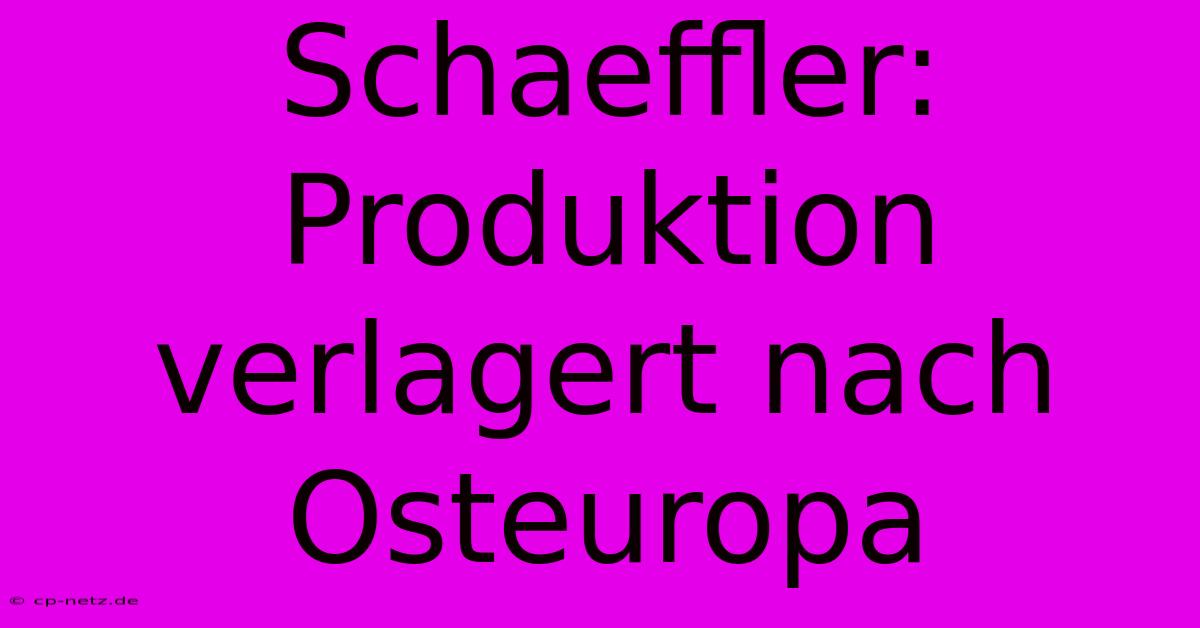 Schaeffler: Produktion Verlagert Nach Osteuropa